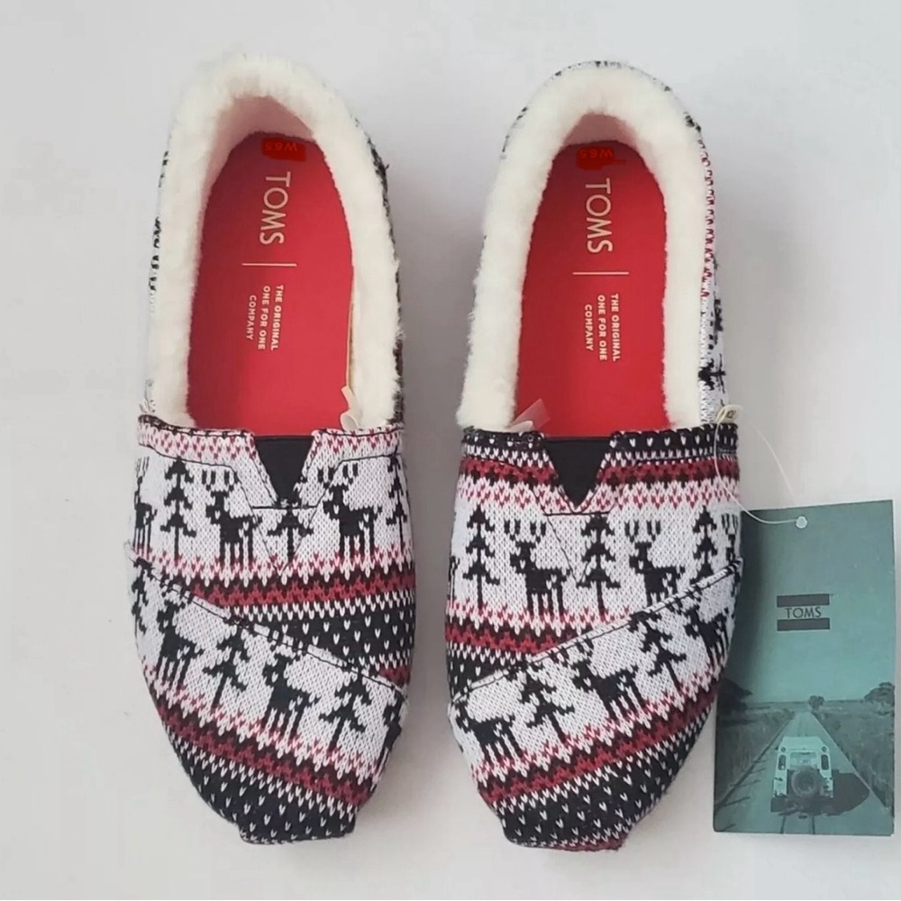 TOMS Women's Classic White Multi Reindeer Festive Fair Isle Size 9.5 New w/ Box!